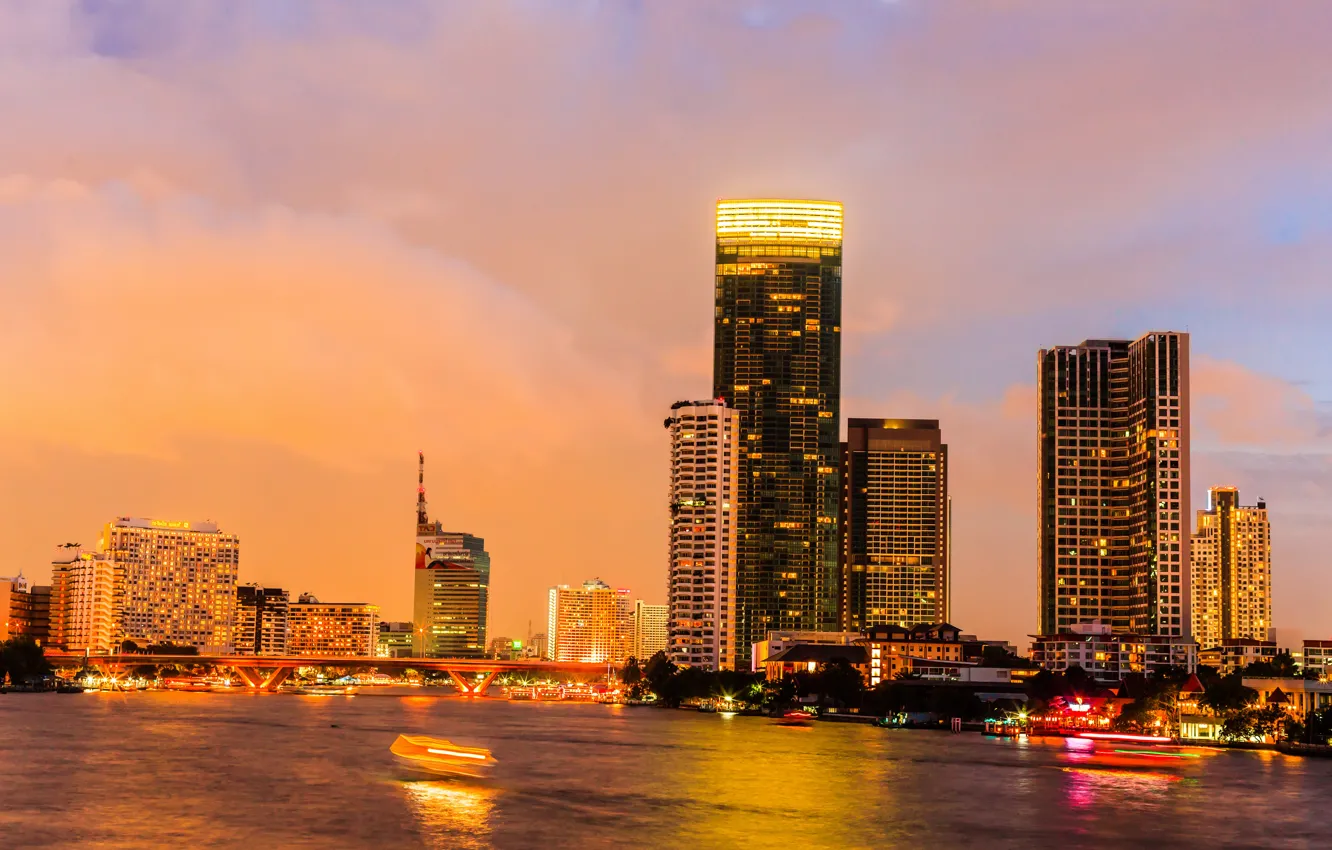 Фото обои закат, небоскребы, Таиланд, канал, Bangkok