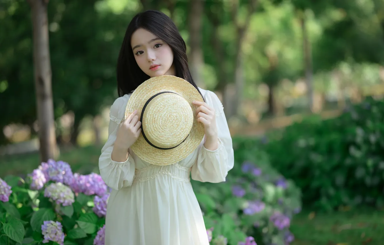 Фото обои Beautiful, Asian, Model, Flowers, Park, Woman, Hat, Cute
