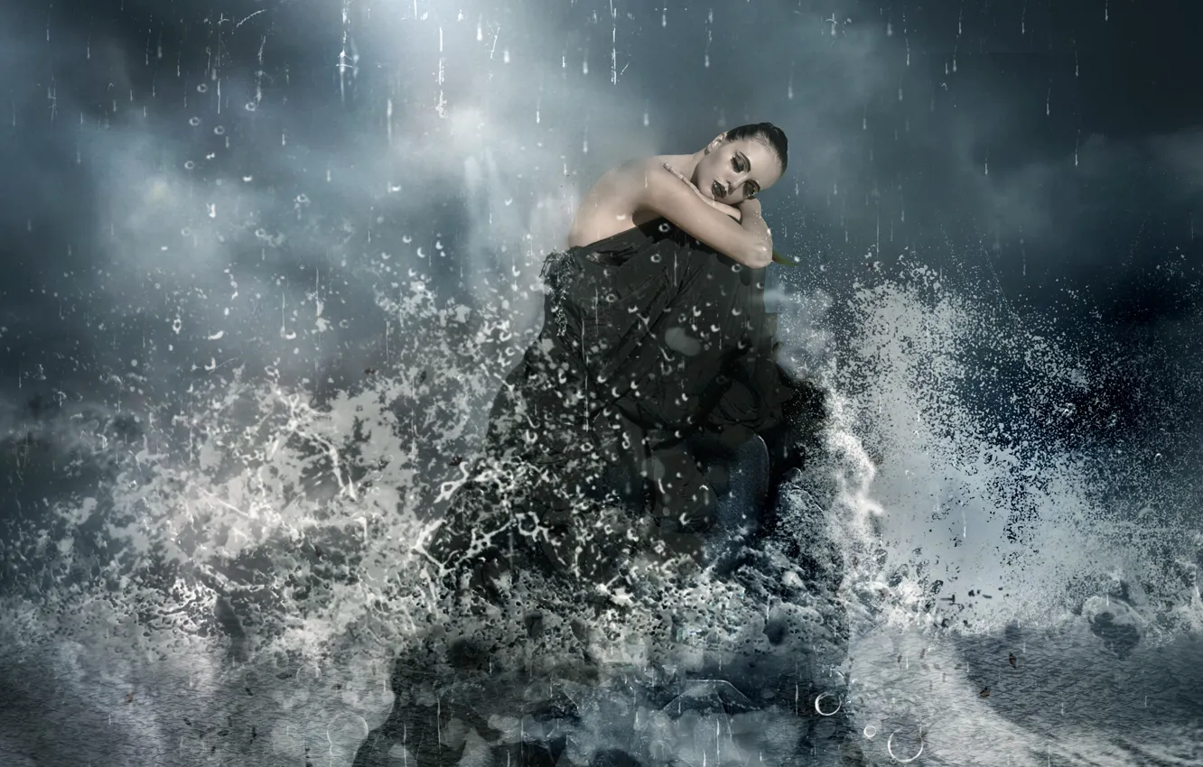 Фото обои море, девушка, шторм, скала