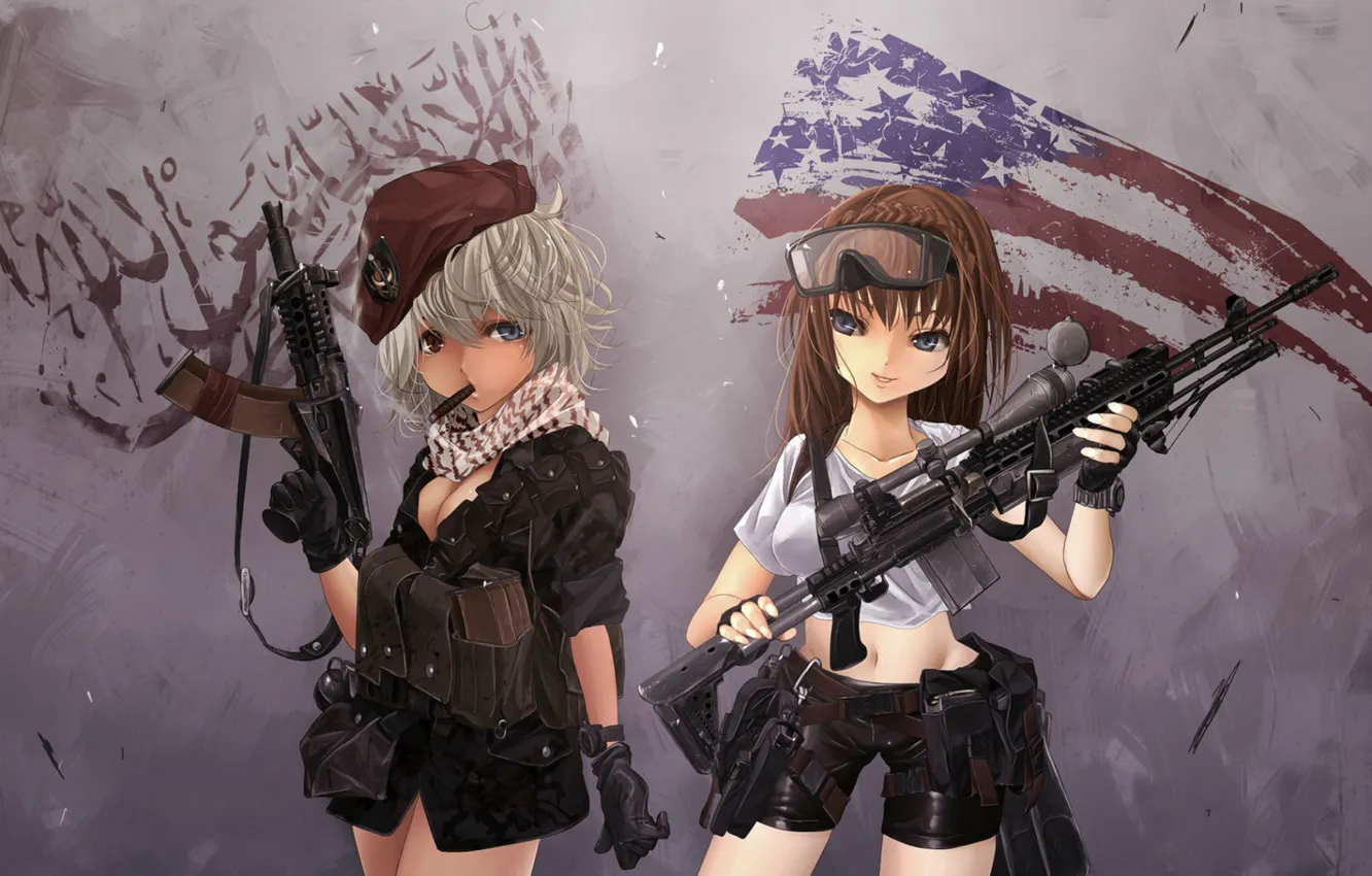 Фото обои девушки, две, сигара, touhou, американский флаг, в стиле modern warfare 2, АКС74У