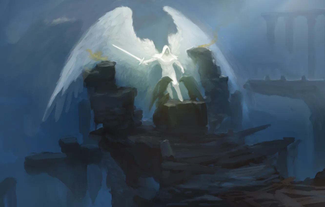 Фото обои камни, оружие, фантастика, крылья, ангел, меч, арт, капюшон