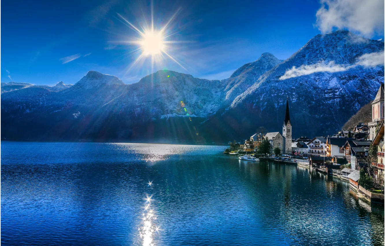 Фото обои горы, город, озеро, Австрия, Альпы, Hallstatt, памятник ЮНЕСКО, коммуна