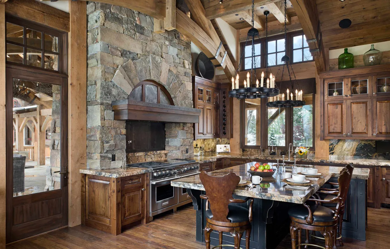 Фото обои metal, stone, wood, home, Montana, kitchen, Big Sky