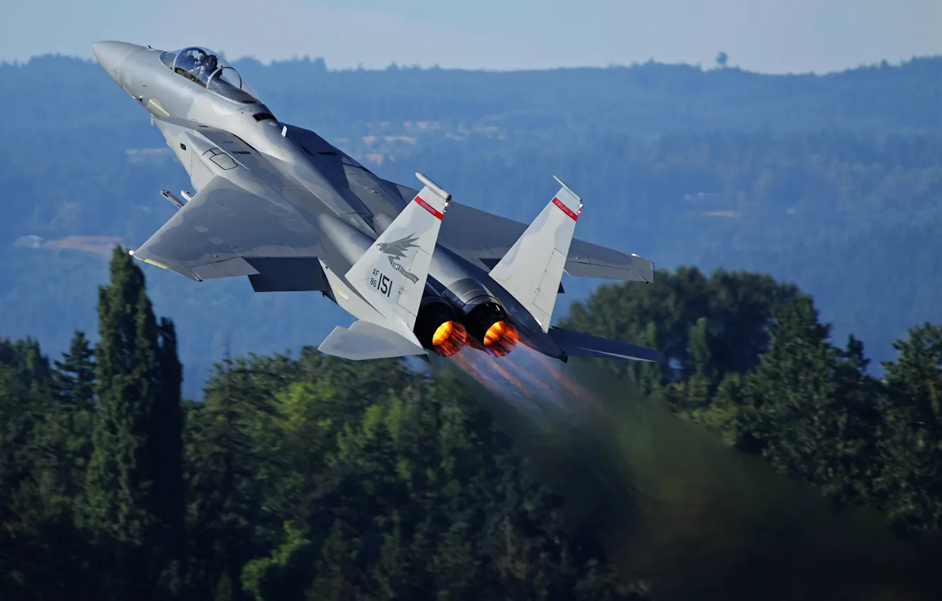 Фото обои самолет, взлет, сопла, McDonnell Douglas F-15 Eagle, тепловой след