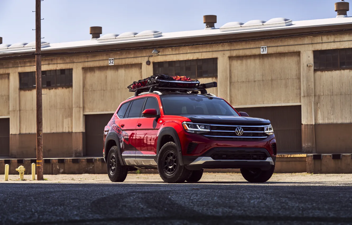 Фото обои Volkswagen, Red, SEMA, Atlas, 2022, Volkswagen Atlas, SEMA 2022, Volkswagen Atlas Basecamp Camping Concept