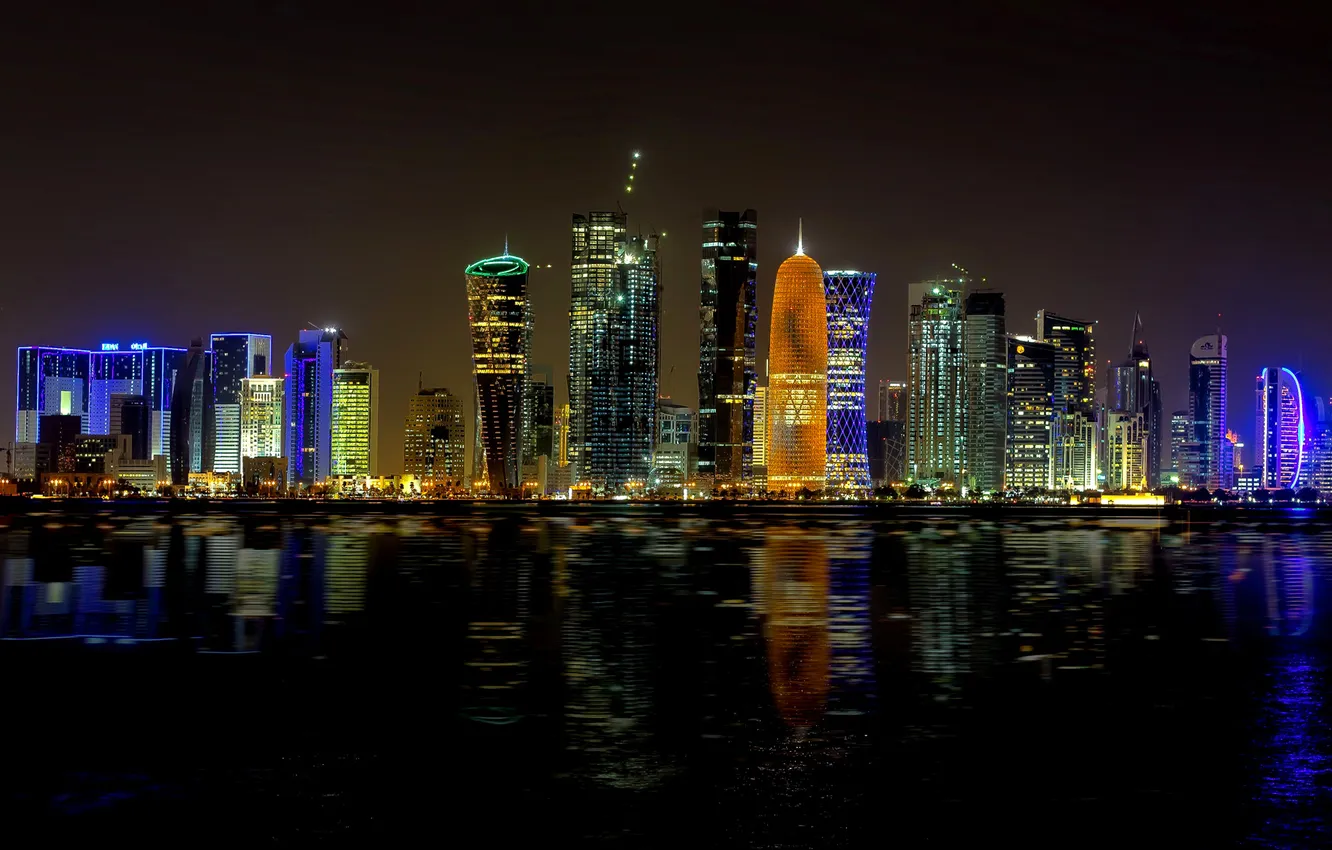 Фото обои ночь, город, огни, здания, небоскребы, подсветка, залив, Qatar