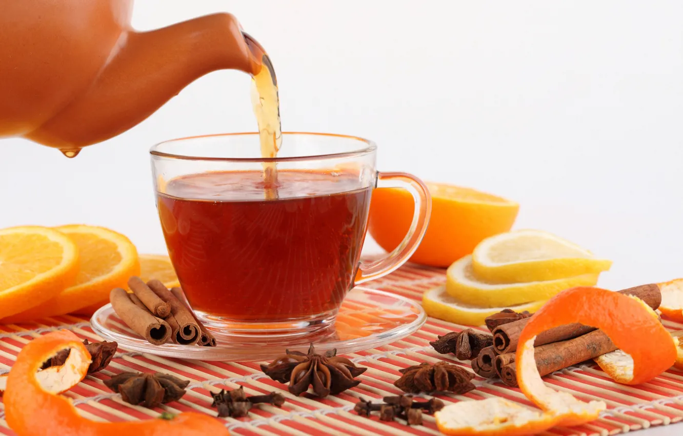 Фото обои лимон, чай, апельсин, чайник, чашка, напиток, фрукты, корица