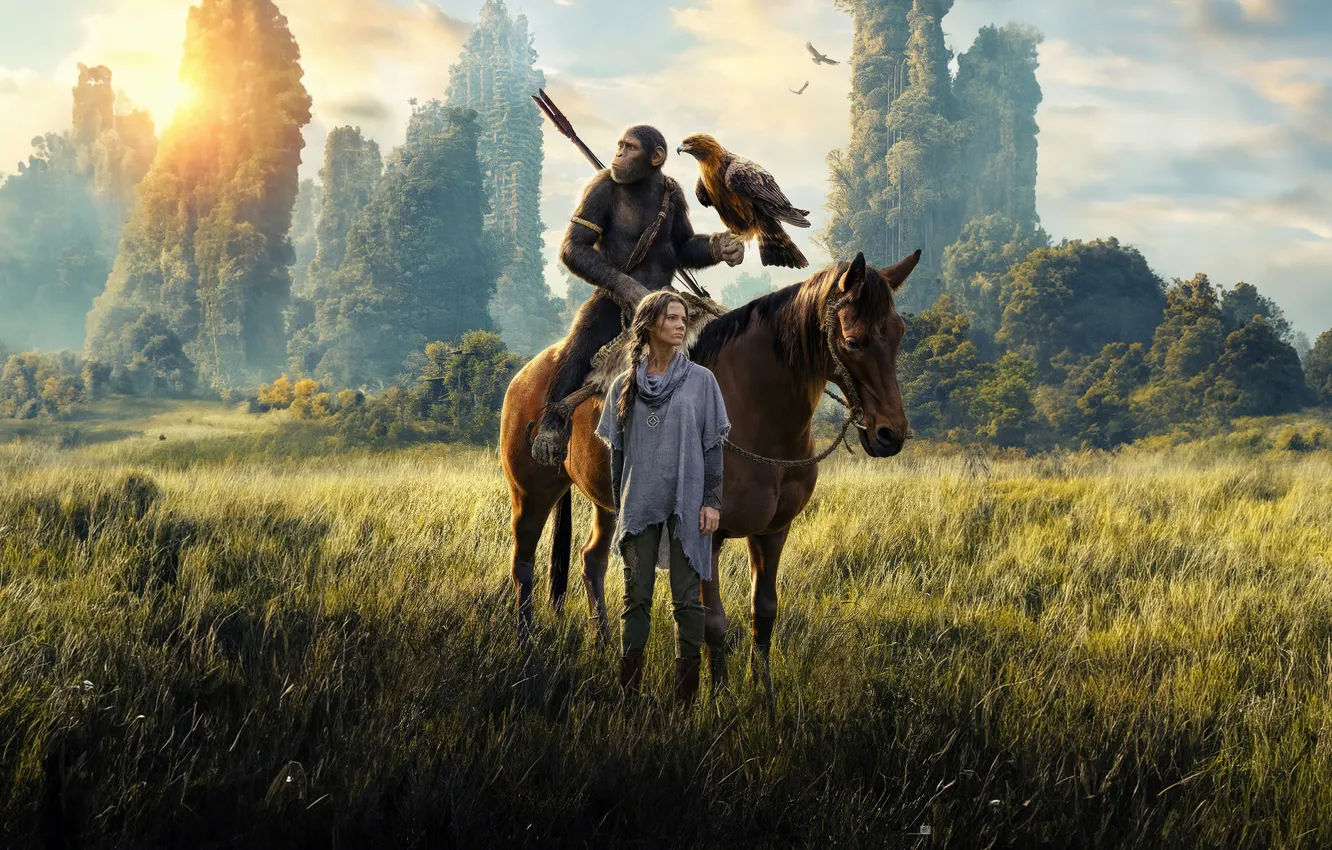 Фото обои девушка, природа, лошадь, обезьяна, 2024 год, Kingdom of the Planet of the Apes