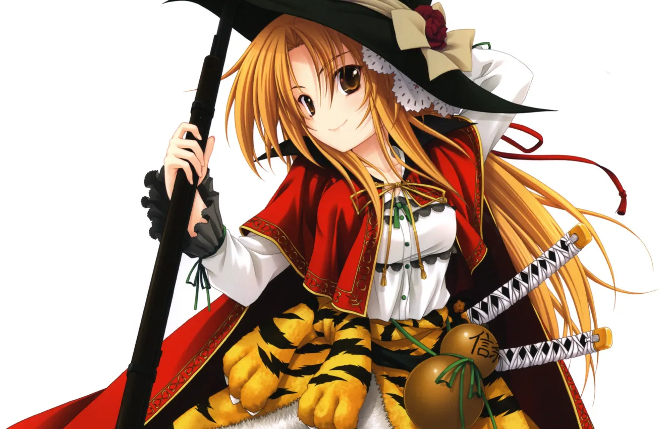 Фото обои girl, gun, weapon, hat, tiger, anime, samurai, rifle