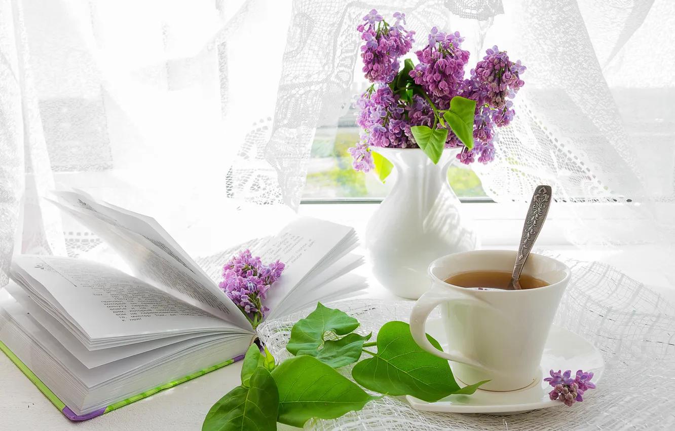 Фото обои лето, цветы, уют, стол, чай, окно, чашка, книга