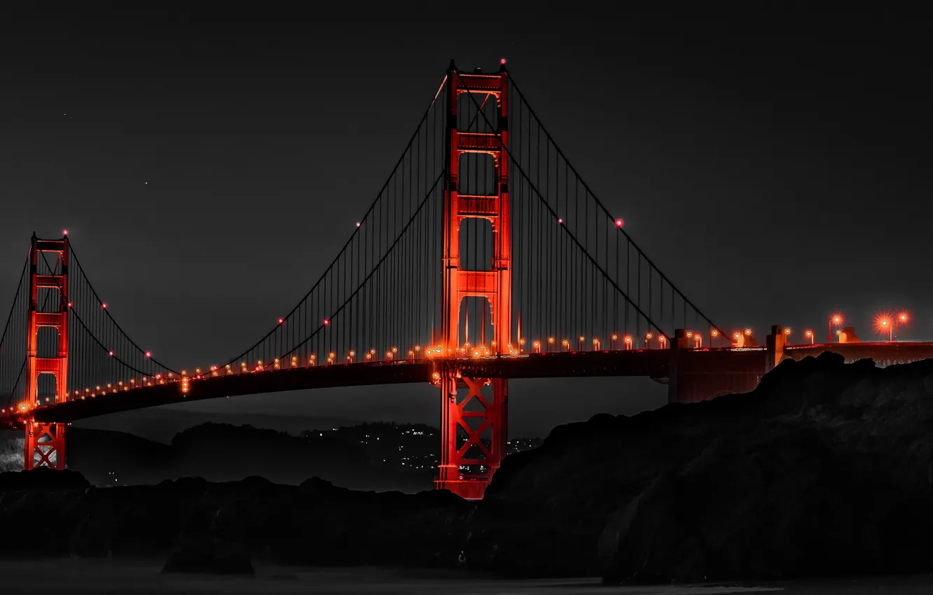 Фото обои Мост, Ночь, Сан-Франциско, Золотые Ворота, США, San Francisco, the Golden Gate Bridge