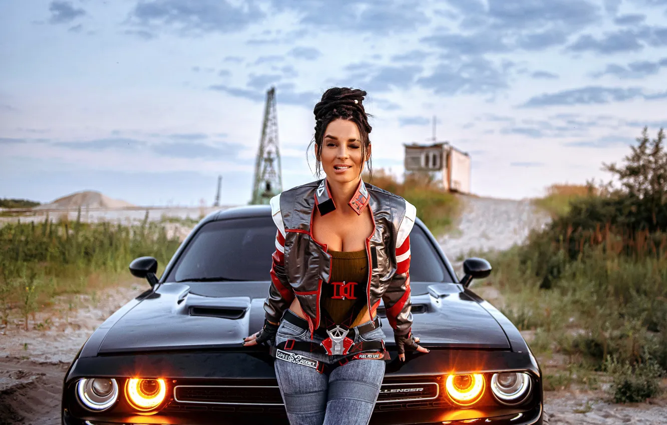 Фото обои dodge challenger, bodysuit, sky, clouds, jeans, gloves, Cyberpunk 2077, video games