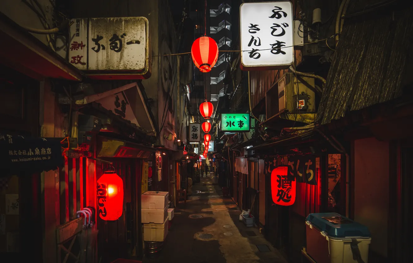 Фото обои City, Japan, Night, Street, Houses, Lamps, City Lights, Denys Nevozhai