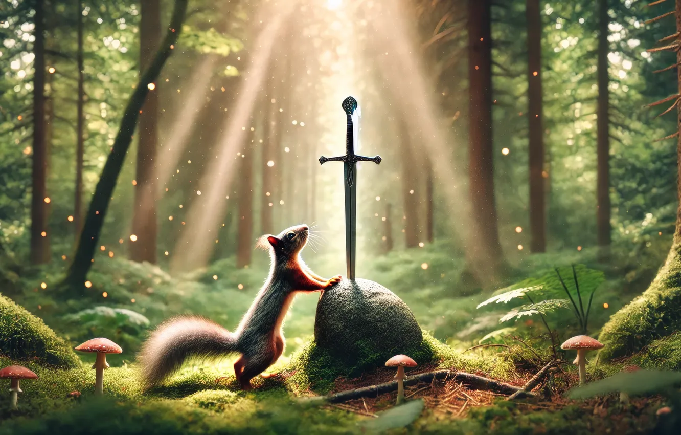 Фото обои sword, forest, magic, wood, stones, squirrel, fictional, AI art