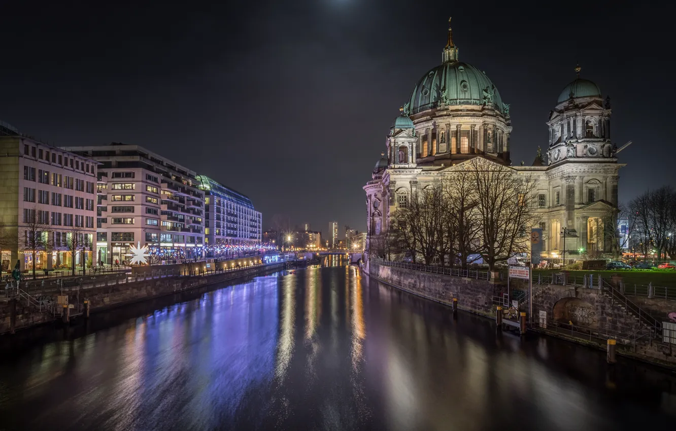 Фото обои ночь, город, огни, река, здания, Германия, Берлин
