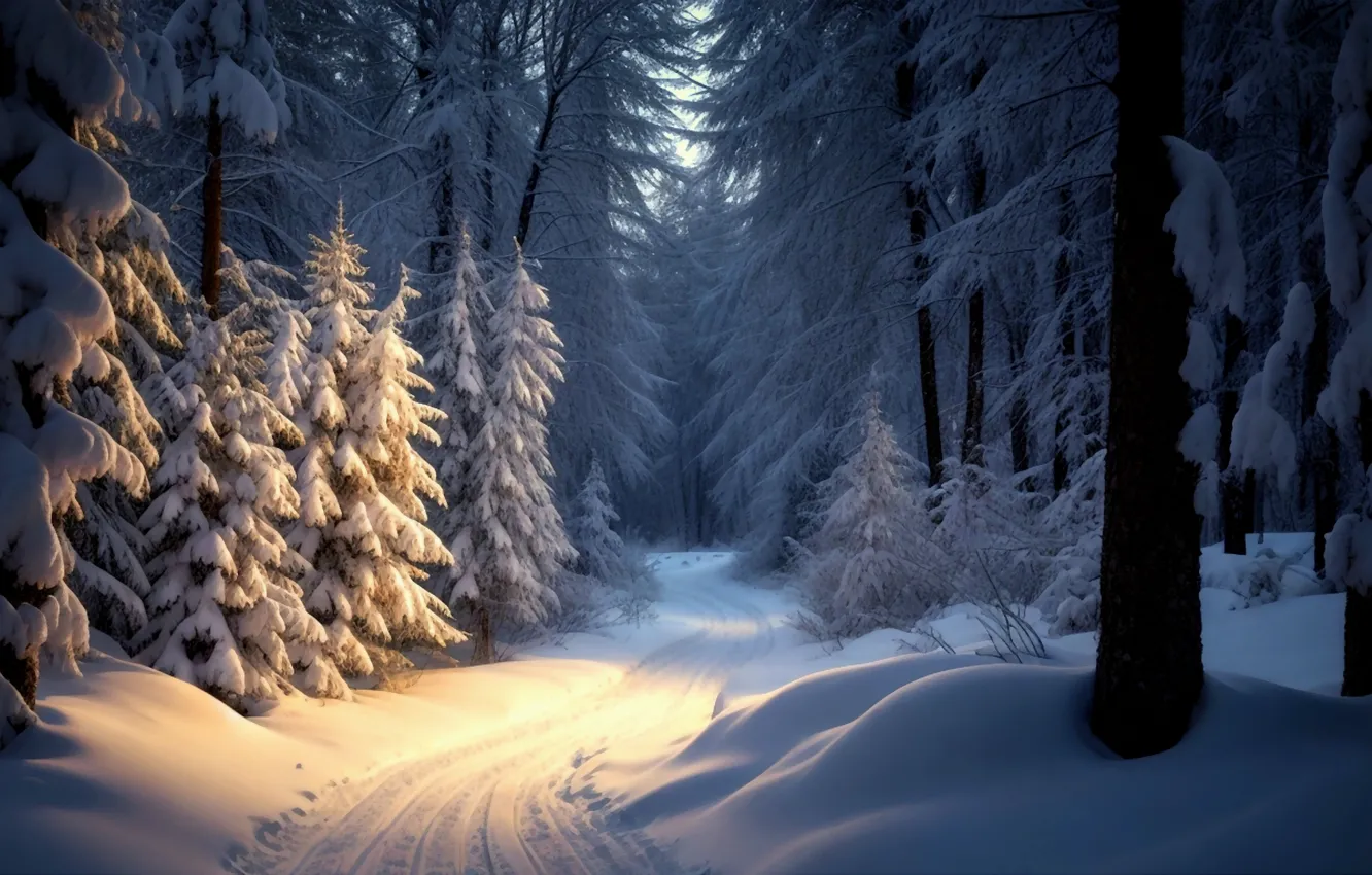 Фото обои зима, иней, дорога, лес, свет, снег, деревья, природа
