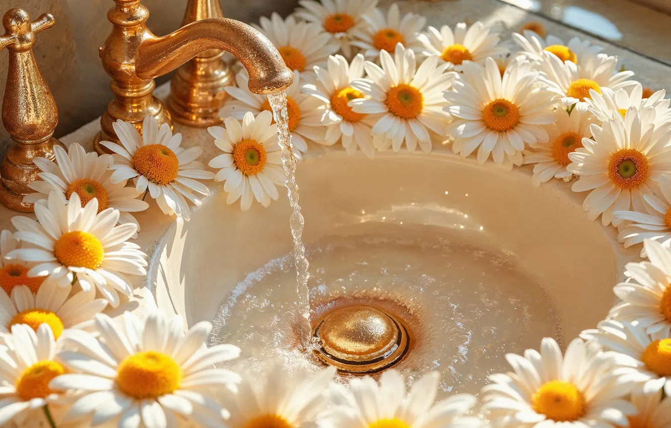 Фото обои лето, вода, свет, цветы, ромашки, кран, утро, раковина