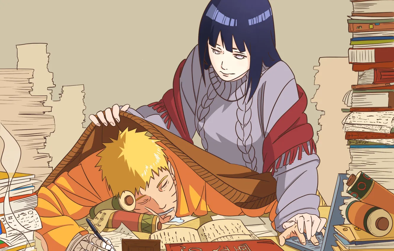 Фото обои пара, спит, двое, Наруто, Naruto, забота, бумаги, хокаге