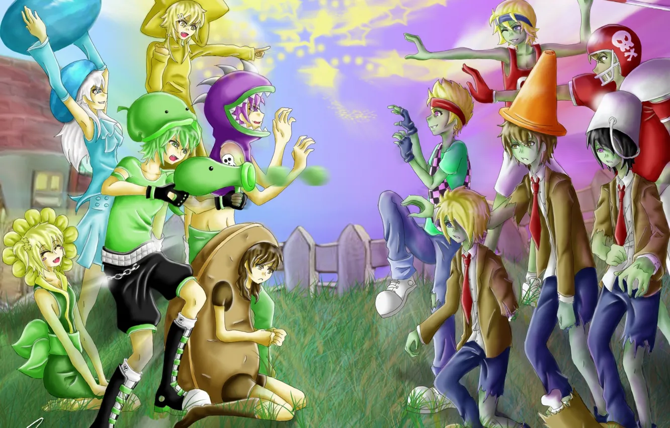 Фото обои игра, аниме, мальчик, девочка, anime, Katkat, Plants vs. Zombies, Растения против Зомби