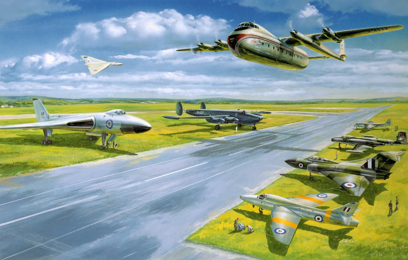 Фото обои авиация, рисунок, Самолеты, истребители, аэродром, ВВС Великобритании
