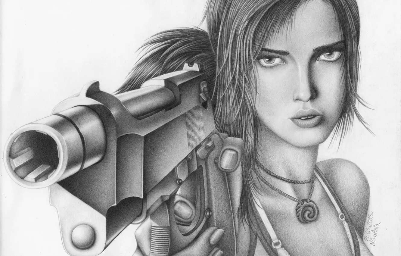 Фото обои взгляд, лицо, пистолет, оружие, рисунок, арт, карандаш, lara croft