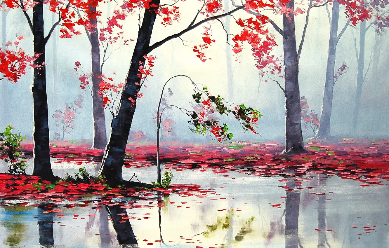 Фото обои осень, деревья, красный, река, art