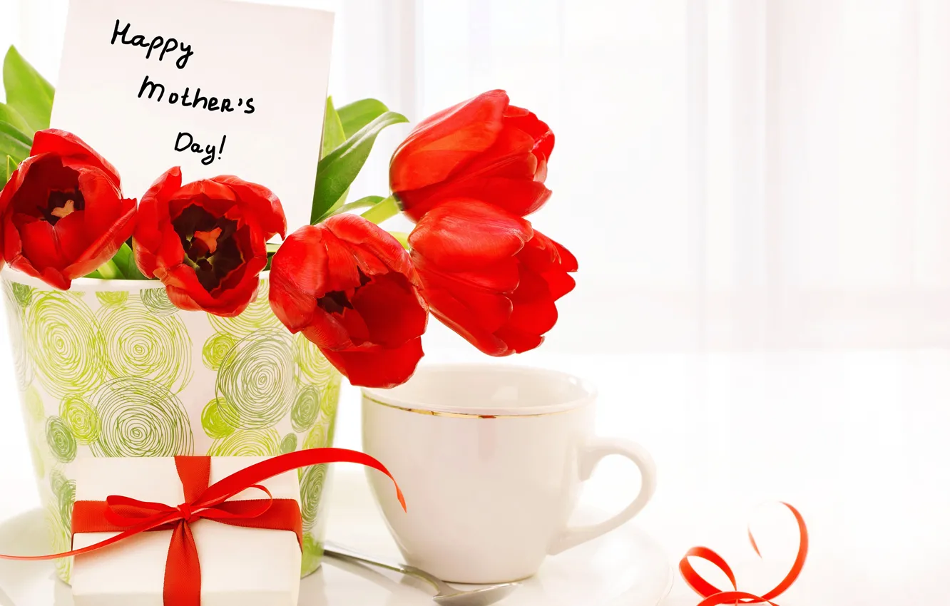 Фото обои цветы, подарок, чашка, тюльпаны, красные