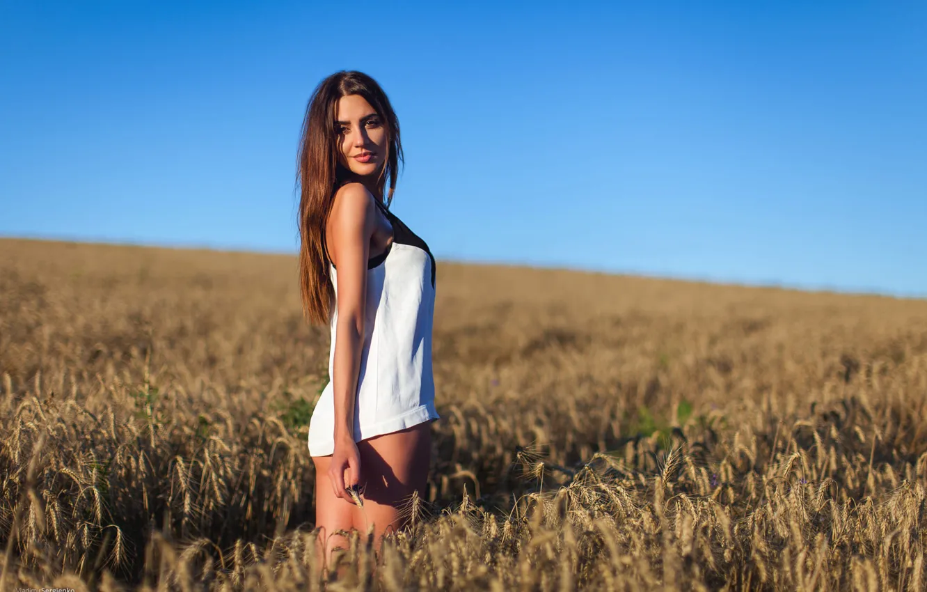 Фото обои пшеница, поле, небо, девушка, природа, модель, фигура, ножки
