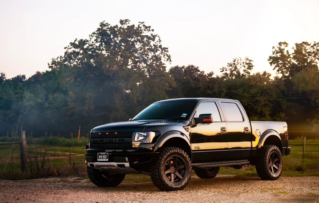 Фото обои лес, чёрный, Ford, внедорожник, black, форд, Raptor, пикап