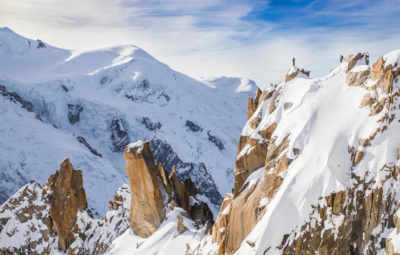 Фото обои зима, снег, горы, Франция, долина, Альпы, альпинисты, Шамони