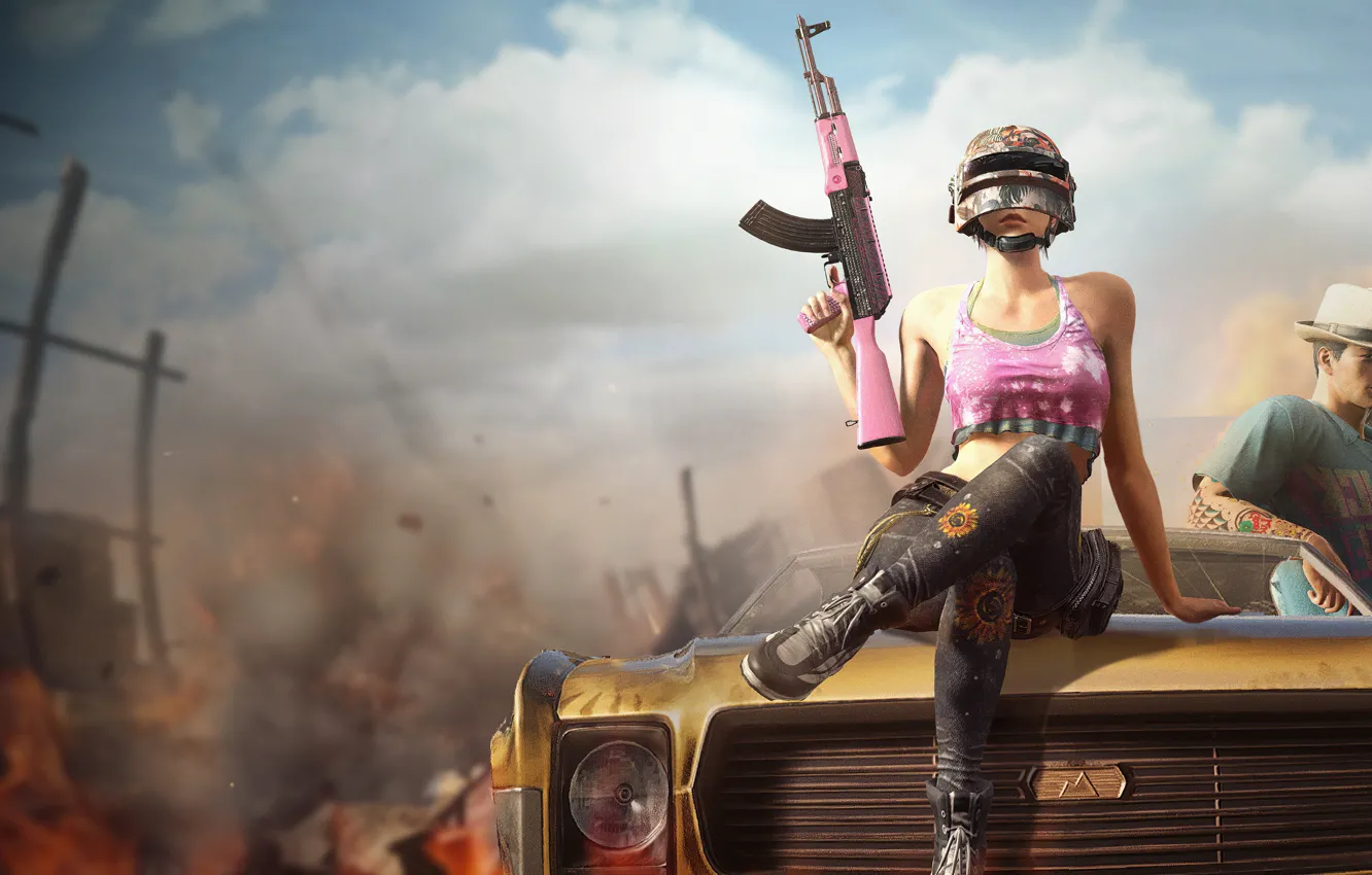 Фото обои girl, game, weapon, helmet, PUBG