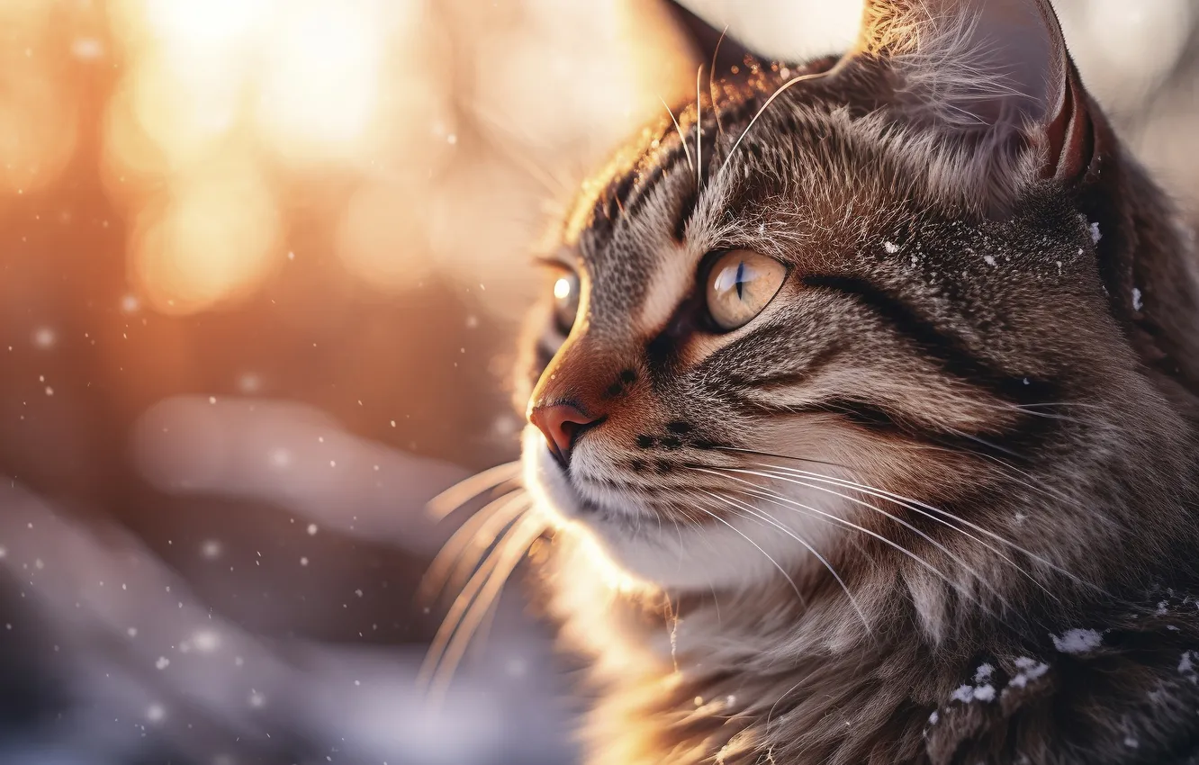 Фото обои зима, кошка, кот, взгляд, лучи, свет, снег, поза