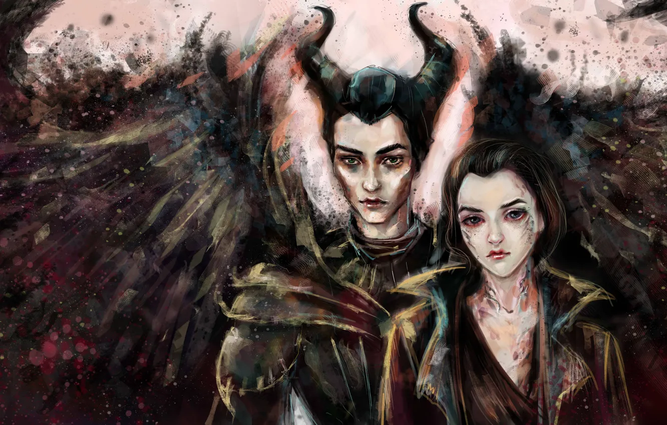 Фото обои девушка, рисунок, крылья, арт, рога, волшебница, Maleficent, Малефисента