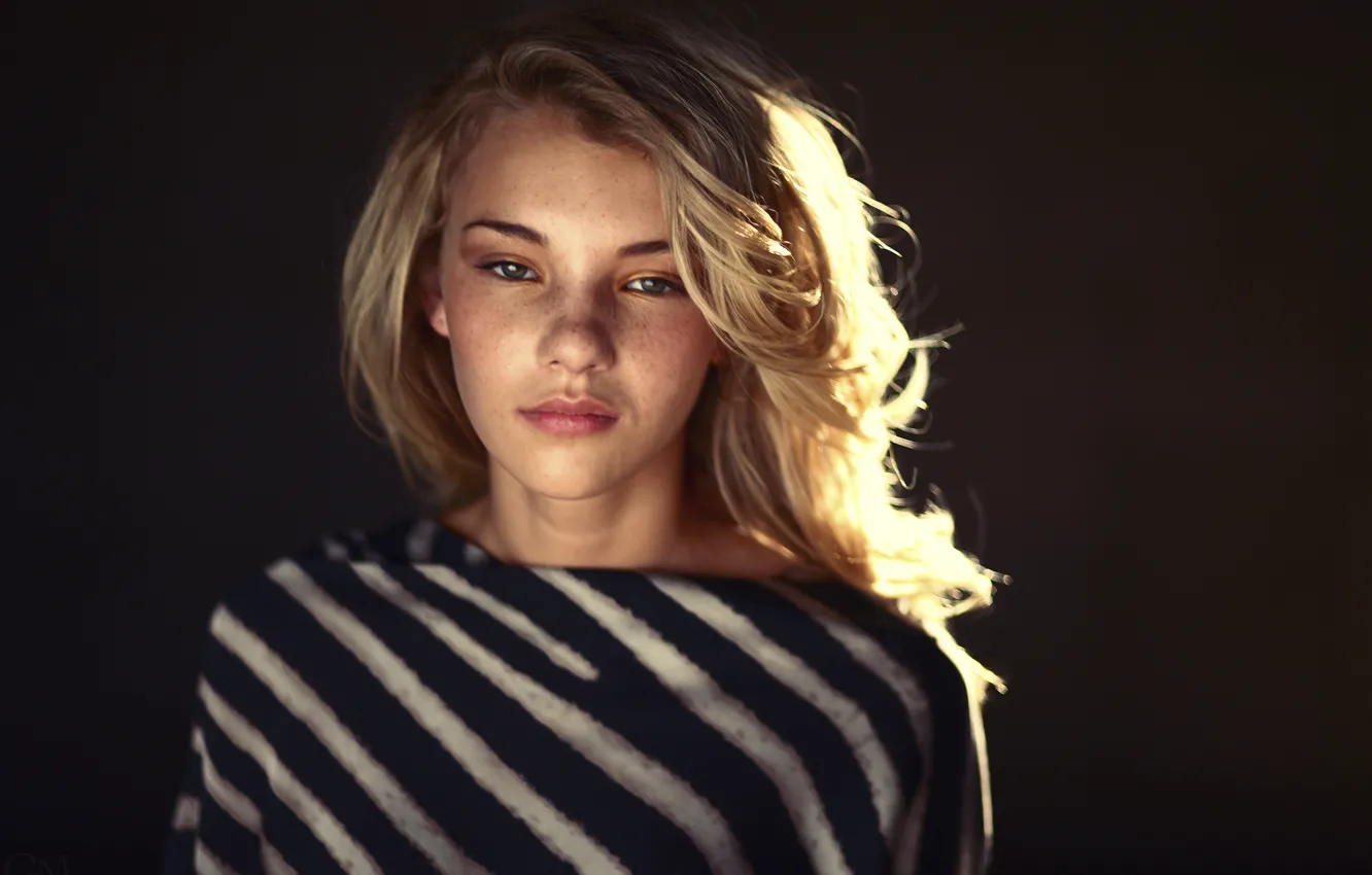 Фото обои girl, woman, stripes, model, blonde, female, sweater, Rachel Yampolsky