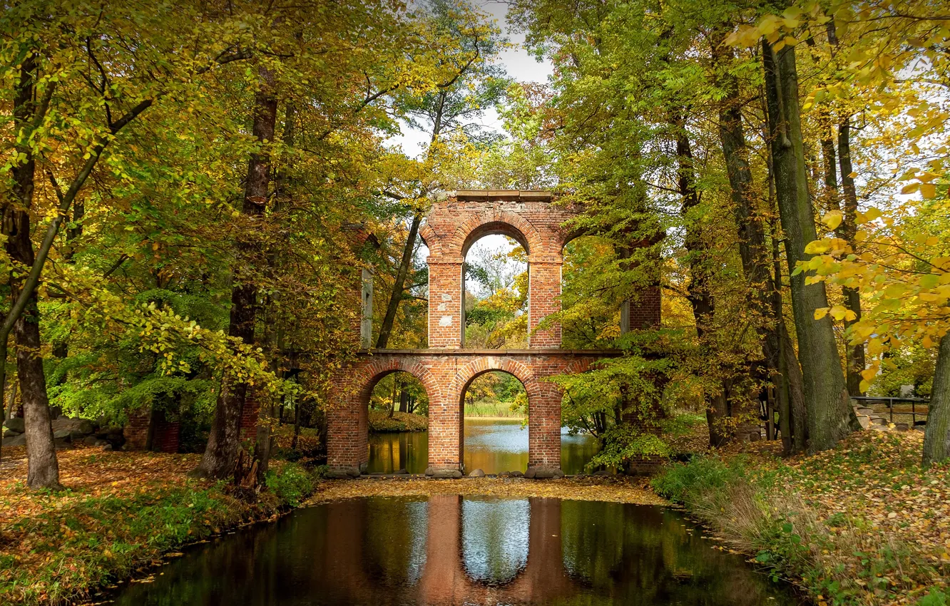 Фото обои отражение, Деревья, Река, Польша, Poland, Акведук в римском стиле, Arcadia Park, Roman inspired aqueduct