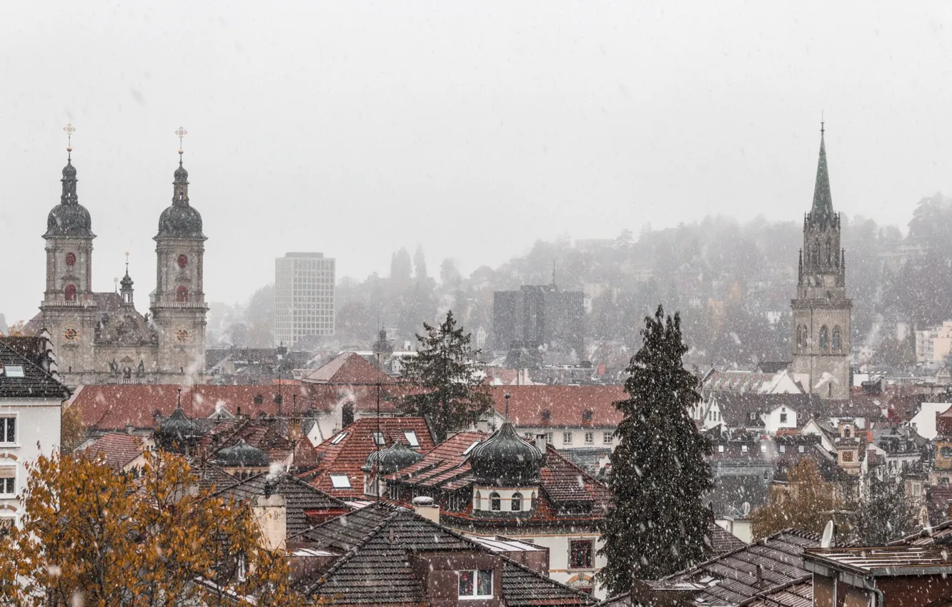 Фото обои Switzerland, roofs, cityscape, winter is coming, church, snowing, St. Gallen