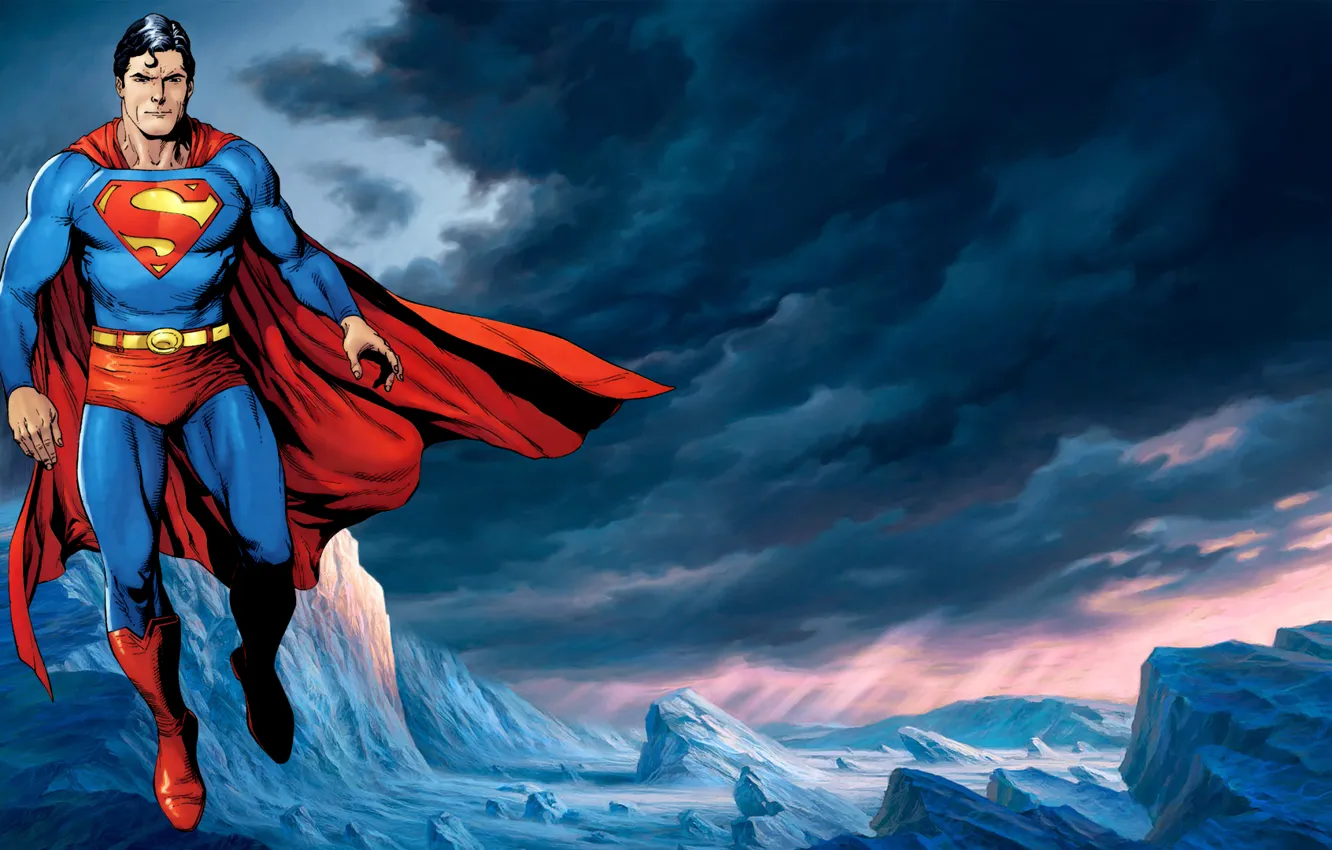 Фото обои полет, рисунок, костюм, символ, мужчина, superman, плащ, супермен