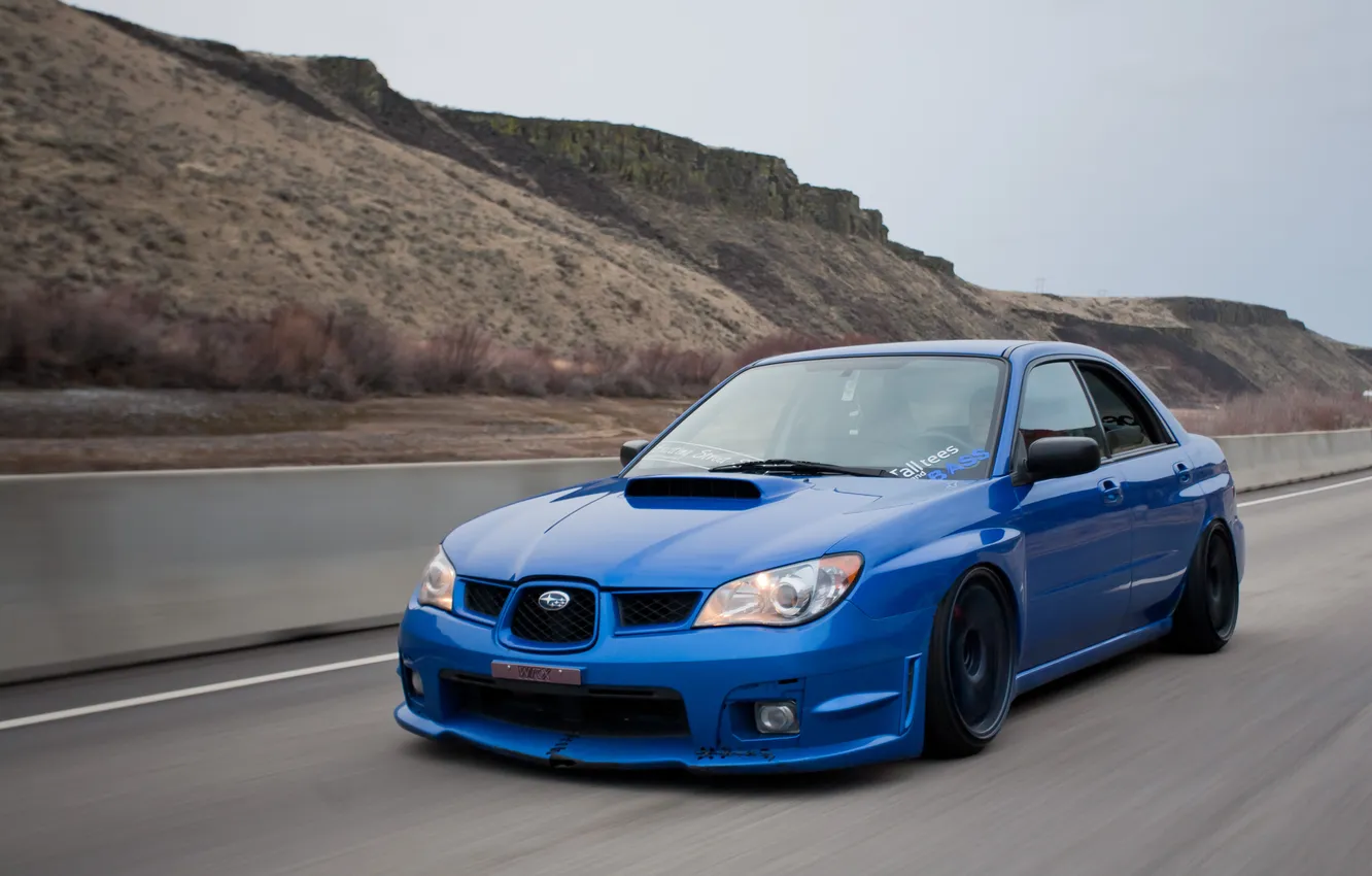 Фото обои дорога, синий, Subaru, wrx, impreza, sti