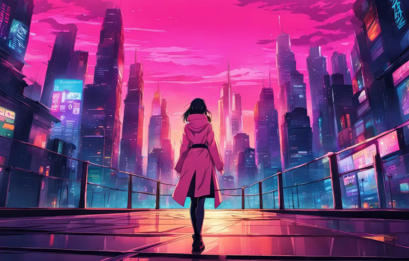 Фото обои девушка, розовый, небоскребы, неон, одинокая фигура, Cyberpunk City, фантастический арт, розове небо