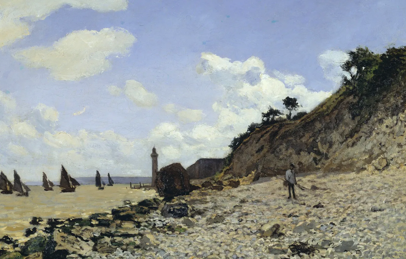 Фото обои пейзаж, лодка, маяк, картина, парус, Клод Моне, Пляж в Онфлере