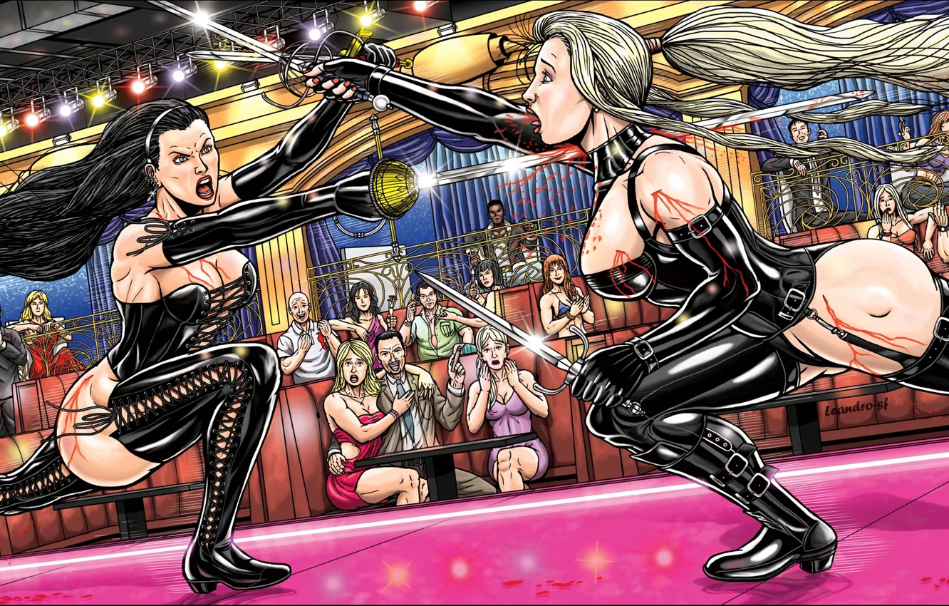 Фото обои blood, Latex, crowd, blonde, stiletto, tight clothing, duelists, death e