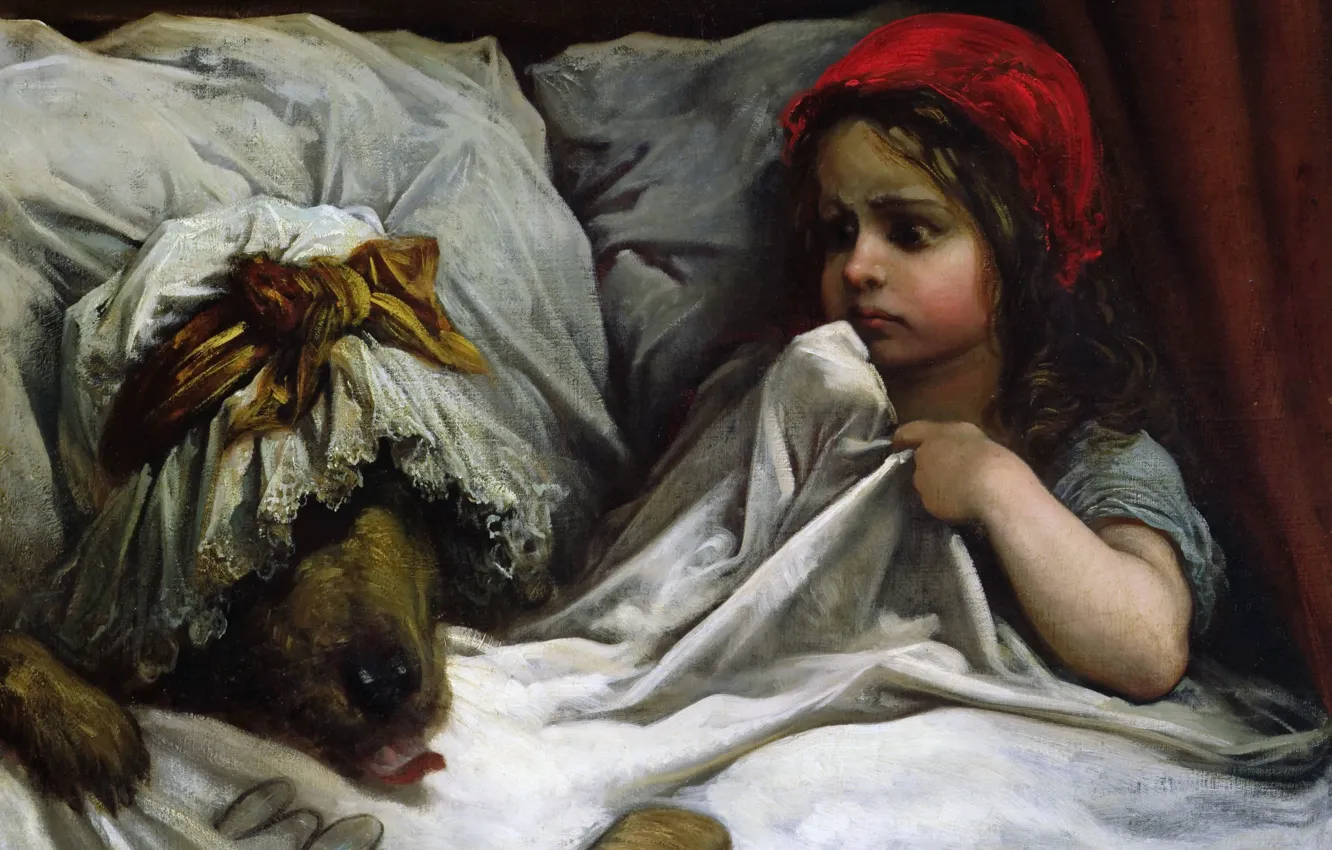 Фото обои волк, сказка, картина, девочка, Красная Шапочка, Paul Gustave Dore, Гюстав Доре