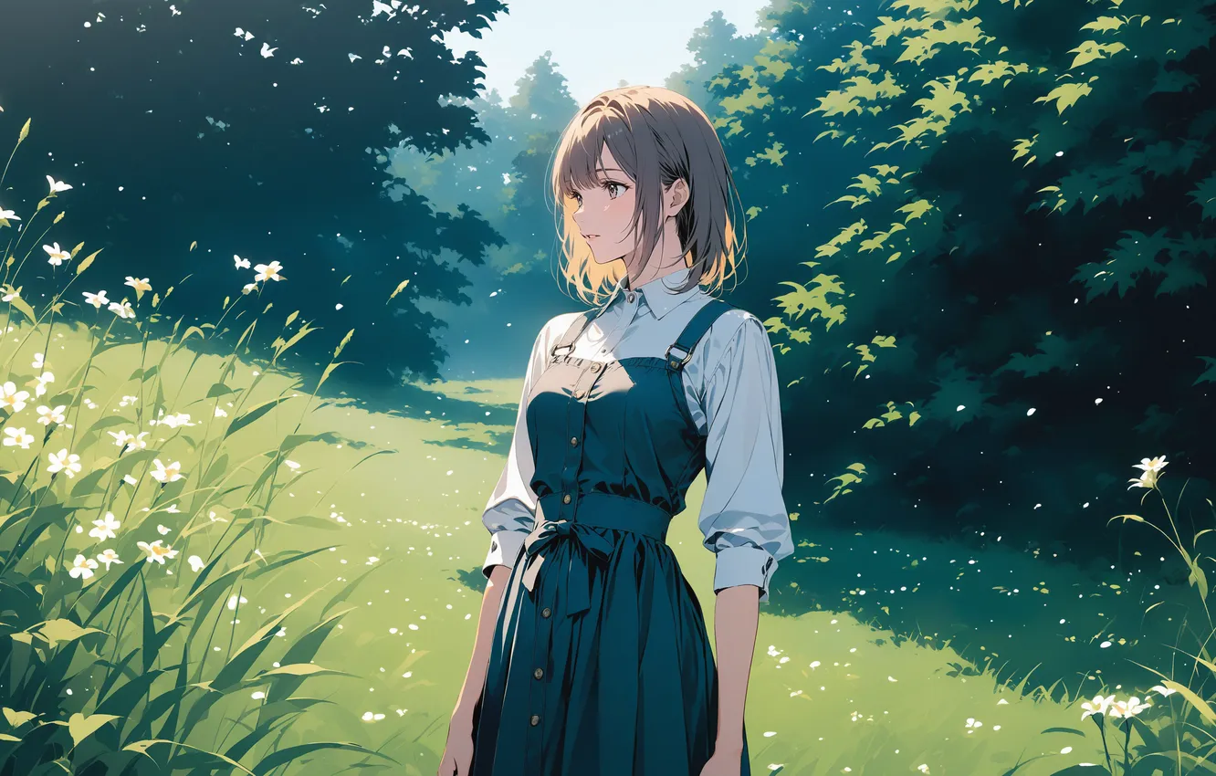 Фото обои поле, девушка, солнце, аниме, girl, field, woman, anime