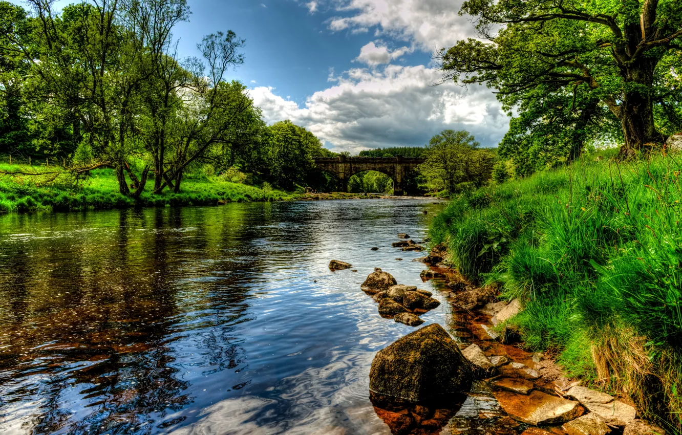 Фото обои трава, пейзаж, природа, HDR, Bolton, Wharfe, река Англия