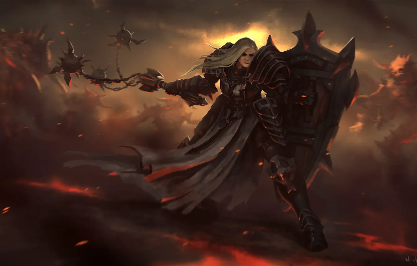 Фото обои девушка, оружие, монстр, арт, щит, Diablo III, Reaper of Souls, Crusader