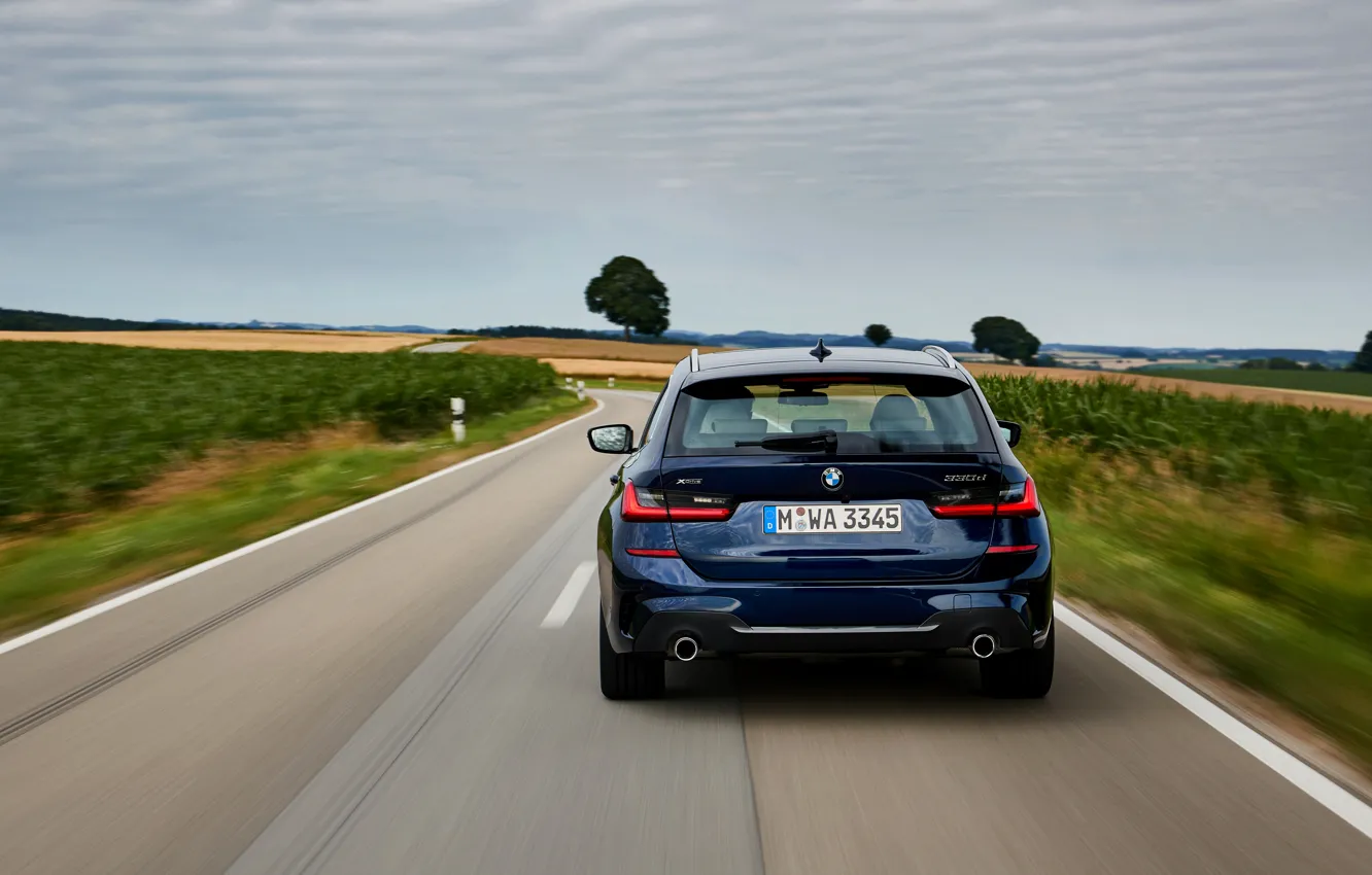 Фото обои BMW, вид сзади, 3-series, универсал, тёмно-синий, 3er, 2020, G21