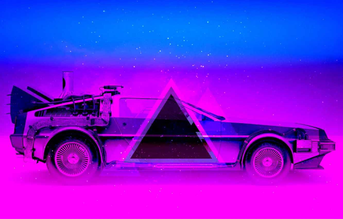 Фото обои Авто, Музыка, Неон, Машина, Треугольник, DeLorean DMC-12, DeLorean, DMC-12