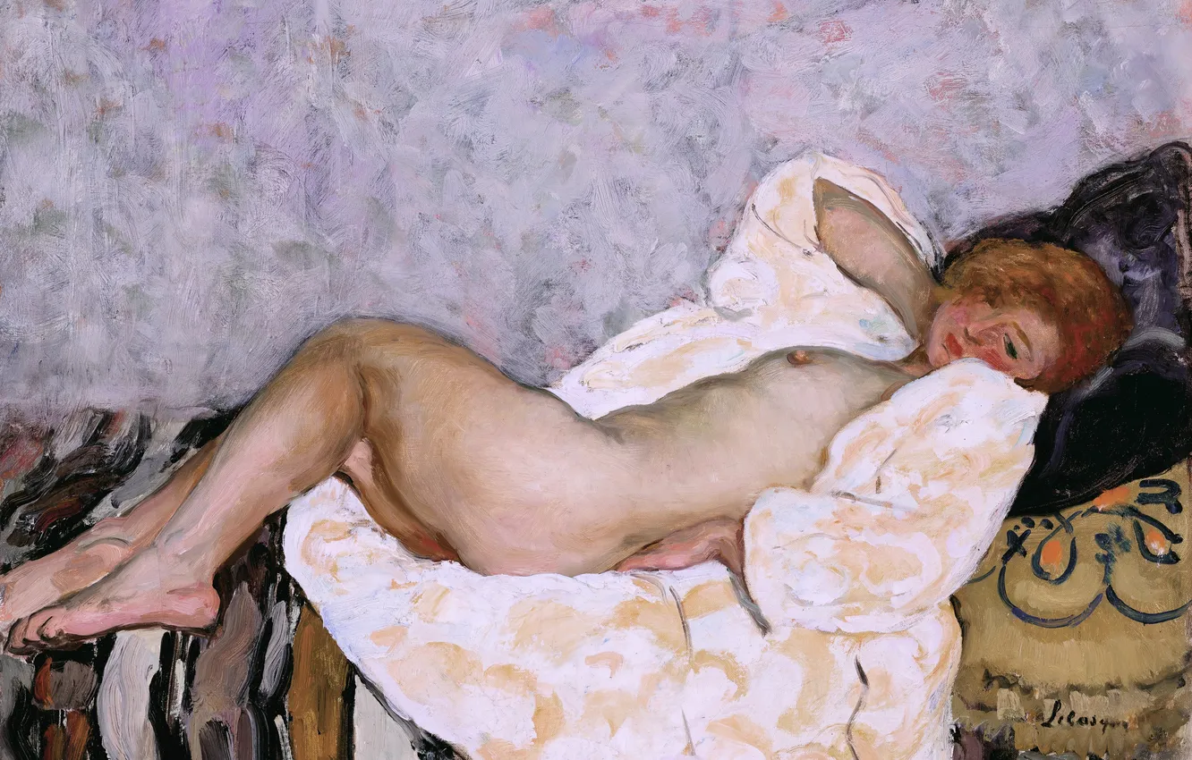 Фото обои Девушка, Картина, Кровать, Обнажена, Henri Lebasque, Анри Лебаск, Лежащая обнаженная, Французский художник
