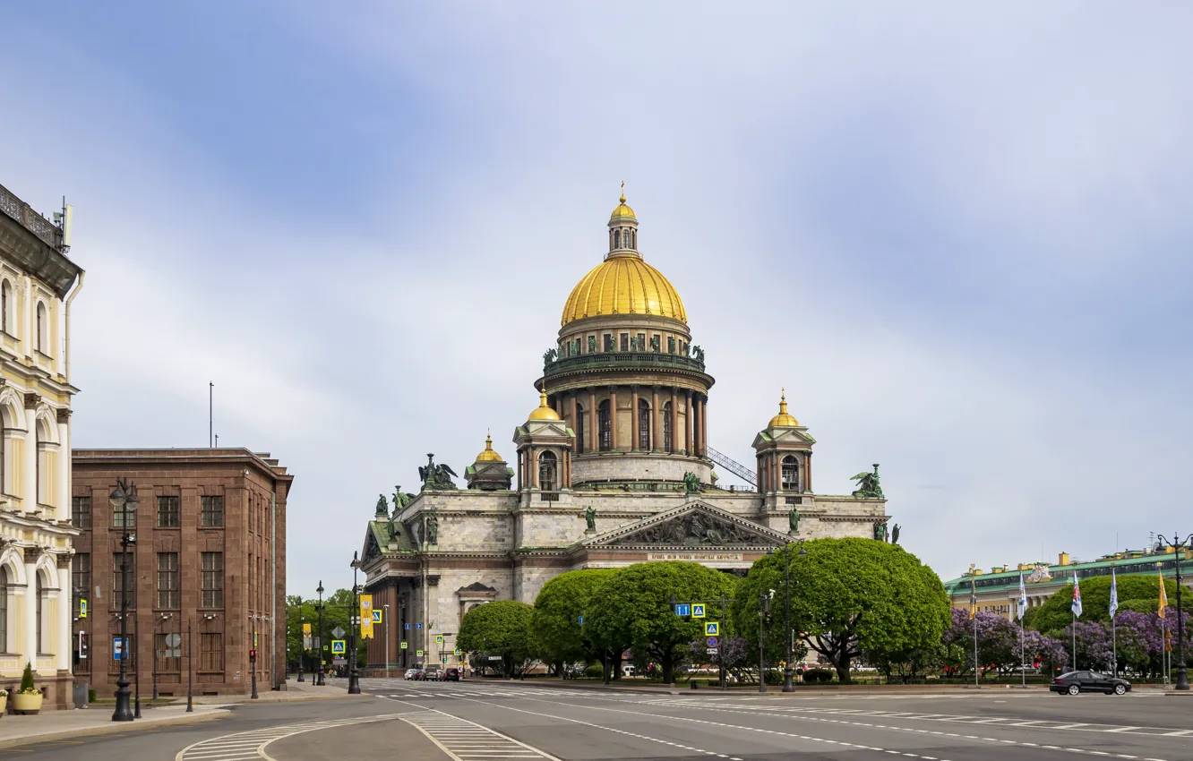 Фото обои дорога, весна, Питер, Россия, Исакиевский собор
