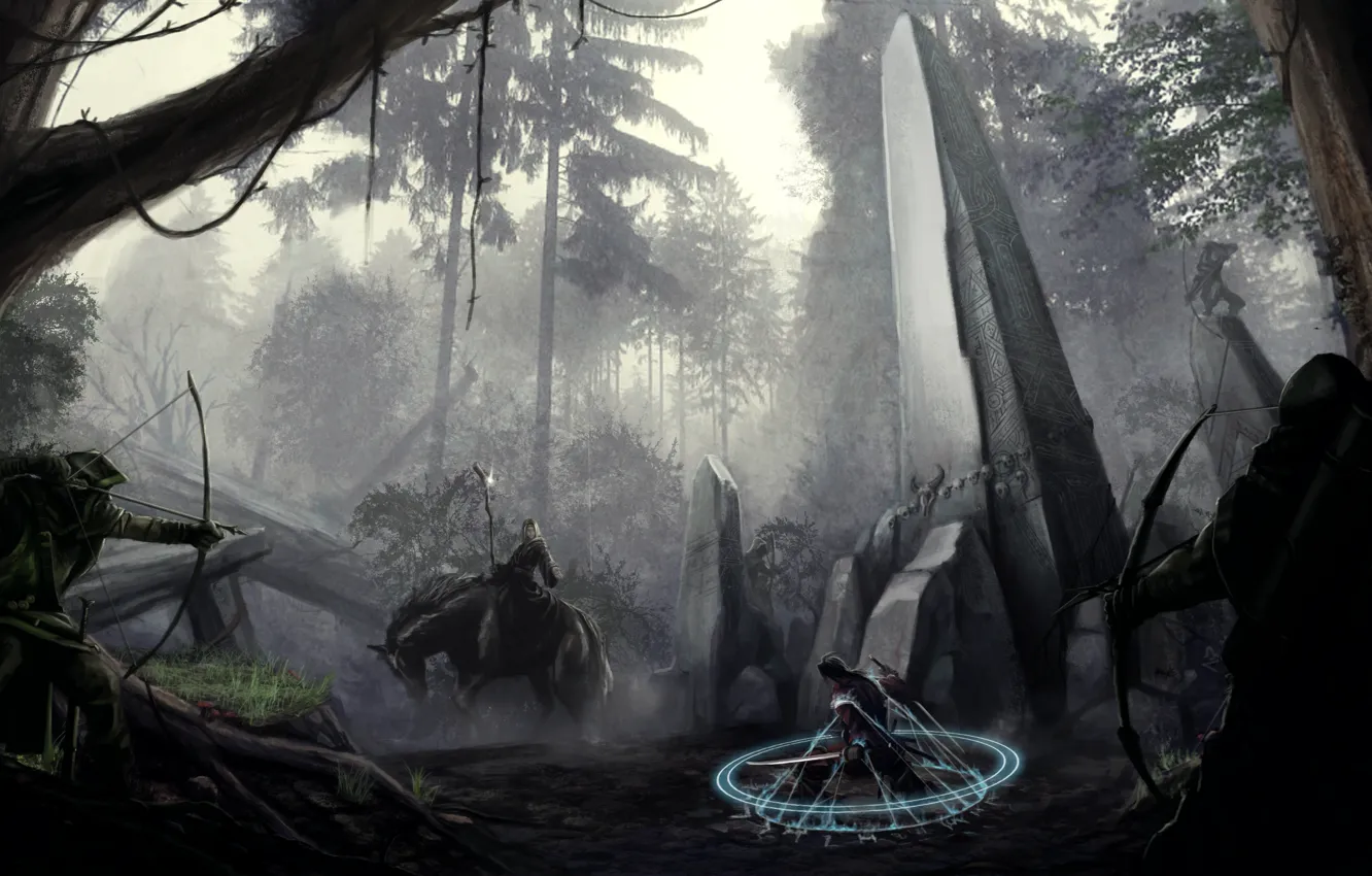 Фото обои лес, оружие, магия, меч, лук, арт, маг, всадник